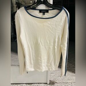 KASPER Cream Top with Blue Accents, Size Small